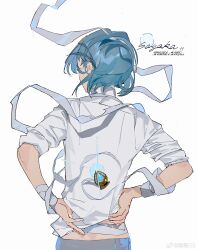  1girl absurdres bandaged_wrist bandages blue_gemstone blue_hair bubble character_name chinese_commentary collared_shirt commentary_request copyright_name cowboy_shot floating_clothes floating_hair fortissimo from_behind gem glowing_gem grey_pants hands_on_own_hips highres mahou_shoujo_madoka_magica mahou_shoujo_madoka_magica_(anime) midriff_peek miki_sayaka ouge_dz pants shirt short_hair simple_background sleeves_rolled_up solo soul_gem weibo_watermark white_background white_shirt 