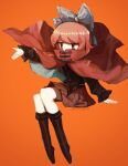  1girl absurdres arm_up artist_name bangs black_jacket blue_bow boots bow brown_footwear brown_skirt cape covered_mouth english_commentary hair_between_eyes hand_up highres jacket koito_(bowstringsmall) long_sleeves looking_to_the_side orange_background puffy_long_sleeves puffy_sleeves red_cape red_eyes redhead sekibanki short_hair simple_background sitting skirt solo touhou 