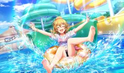  1girl :d ^_^ barefoot bikini bikini_under_clothes blonde_hair blurry brown_eyes cinderella_series closed_eyes clouds depth_of_field dutch_angle full_body game_cg hachigatsu_no_cinderella_nine high_ponytail highres iwaki_yoshimi lens_flare light_rays long_hair looking_at_viewer non-web_source official_alternate_hairstyle official_art open_mouth outdoors outstretched_arms pool shirt sky smile solo sparkle splashing striped_bikini striped_clothes sunbeam sunlight swim_ring swimsuit teeth tied_shirt upper_teeth_only water water_slide white_shirt 