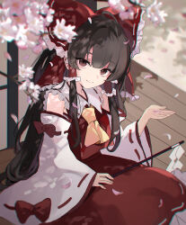  1girl absurdres ascot bare_shoulders black_hair blush bow brown_eyes brown_hair cherry_blossoms closed_mouth commentary_request detached_sleeves falling_petals fingernails frilled_bow frilled_hair_tubes frills gohei hair_bow hair_tubes hakurei_reimu highres holding holding_gohei japanese_clothes kani_nyan long_hair looking_at_viewer nontraditional_miko partial_commentary petals pink_petals red_bow red_skirt ribbon-trimmed_sleeves ribbon_trim sidelocks skirt skirt_set smile solo touhou white_sleeves wide_sleeves yellow_ascot 