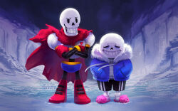  2010s 2016 2boys 2d blue_jacket boot brothers cape closed_eyes crossed_arms digital_media_(artwork) duo footwear full_body gloves hands_in_pockets humanoid jacket male male_only monster monster_boy outdoors papyrus_(undertale) pink_slippers red_boots red_cape red_gloves sans_(undertale) siblings skeleton slippers snow standing tsaoshin undead undertale 