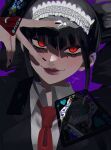  1girl bangs black_hair black_nails card celestia_ludenberg collared_shirt danganronpa:_trigger_happy_havoc danganronpa_(series) drill_hair grey_shirt hand_up highres joh_pierrot joker_(card) long_hair looking_at_viewer nail_polish necktie open_mouth playing_card purple_background red_eyes red_necktie shirt solo twin_drills twintails upper_body v_over_eye 