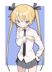  1girl blonde_hair blue_eyes collared_shirt flat_chest highres kill_me_baby long_hair looking_at_viewer matuo3232 necktie shirt skirt solo sonya_(kill_me_baby) sweatdrop twintails very_long_hair wavy_mouth 