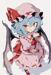  1girl ascot bat_wings blue_hair embodiment_of_scarlet_devil hat hat_ribbon hawaii1090 highres mob_cap red_ascot red_eyes remilia_scarlet ribbon solo touhou wings wrist_cuffs 