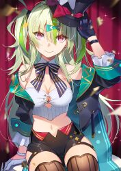 1girl absurdres aoi_momo bike_shorts black_shorts breasts green_hair hair_between_eyes hair_ornament hat heaven_burns_red highres jacket large_breasts long_hair looking_at_viewer magician multicolored_hair navel ooshima_isuzu open_clothes open_jacket red_eyes shorts solo striped_clothes striped_thighhighs thigh-highs top_hat twintails two_side_up vertical-striped_clothes vertical-striped_thighhighs