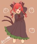  1girl :d animal_ear_fluff animal_ears arm_behind_head black_bow black_dress blush bow braid brown_background cat cat_ears cat_tail cropped_legs dress green_dress happy highres kaenbyou_rin multiple_tails n_t_tr0910 open_mouth red_bow red_eyes redhead signature sketch smile solo tail touhou twin_braids two_tails 