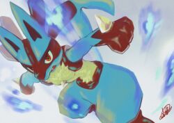  1boy absurdres animal_ears black_fur black_gloves blue_fur blurry body_fur enso_turtle furry furry_male gloves highres looking_at_viewer lucario multicolored_fur neck_fur pokemon pokemon_(creature) red_eyes solo wolf_ears yellow_fur 