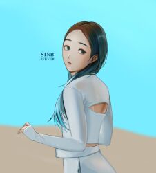  1girl adirosa artist_name_(singer) back blue_hair blue_sky brown_hair commentary english_commentary gfriend long_hair long_sleeves looking_back pink_lips real_life shirt sinb_(gfriend) sky solo song_name white_shirt 