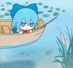  1girl bangs blue_bow blue_eyes blue_hair bow bowtie cirno closed_mouth fish fishing fishing_rod fumo_(doll) hair_bow lily_pad looking_at_viewer outdoors red_bow red_bowtie reeds rei_(tonbo0430) short_hair smile solo touhou water watercraft 