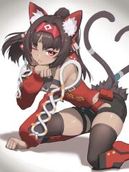  1girl absurdres animal_ear_fluff animal_ears auxar bell black_hair black_thighhighs cat_ears cat_girl cat_tail corset dark-skinned_female dark_skin forehead_tattoo hairband highres long_hair looking_at_viewer multiple_girls multiple_tails nekomata nekomiya_mana open_mouth red_corset red_eyes red_hairband simple_background smile solo tail thigh-highs triangle_facial_mark two_tails white_background zenless_zone_zero 