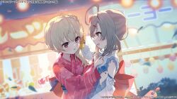  2girls adjusting_another&#039;s_clothes ahoge andou_tazusa arm_up assault_lily back_bow blonde_hair blurry blurry_background blush bow commentary_request detached_sleeves floral_print flower from_side grey_hair hair_flower hair_ornament hair_over_shoulder hairclip hand_on_another&#039;s_head hand_up hands_up japanese_clothes jewelry kimono long_hair long_sleeves looking_at_another low_ponytail market_stall mi_u_u multiple_girls night official_alternate_costume official_alternate_hairstyle official_art orange_bow orange_flower outdoors parted_lips print_kimono profile red_bow red_eyes red_flower red_kimono ring sasaki_ran see-through short_hair side_ponytail sleeveless sleeveless_kimono smile standing striped_clothes striped_kimono summer_festival upper_body watermark white_kimono wide_sleeves yellow_eyes 