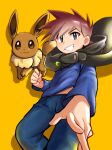  1boy absurdres bangs blue_pants blue_shirt brown_hair clenched_hand cloak commentary_request eevee gary_oak green_eyes grin highres long_sleeves looking_at_viewer male_focus pants pokemon pokemon_(anime) pokemon_(classic_anime) pokemon_(creature) shirt short_hair smile spiky_hair teeth yellow_background zou_jiang 