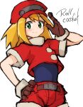  belt black_leotard blonde_hair blush breasts brown_belt brown_gloves buttons character_name closed_mouth covered_navel cowboy_shot crop_top gesture gloves green_eyes hand_on_hip happy hat highres leotard long_hair mega_man_(series) mega_man_legends red_headwear red_shirt red_shorts roll_caskett_(mega_man) s_mika2000 shirt short_sleeves shorts simple_background small_breasts smile turtleneck upper_body white_background 