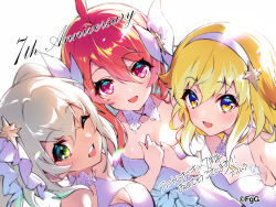  3girls :d ;d absurdres ahoge ancient_killers_(phantom_of_the_kill) bare_shoulders blonde_hair blue_eyes bow breasts dress from_above gisla_(phantom_of_the_kill) green_eyes grey_hair hair_bow hair_ornament hairband hands_on_own_chest hercule_(phantom_of_the_kill) highres large_breasts looking_at_viewer medium_breasts medium_hair minerva_(phantom_of_the_kill) multiple_girls official_art one_eye_closed open_mouth phantom_of_the_kill see-through sidelocks signature simple_background smile suzumura_(gumi) teeth two-tone_eyes two_side_up upper_teeth_only white_background white_bow white_dress white_hairband yellow_eyes 