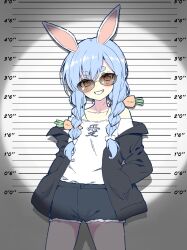  1girl alternate_costume animal_ears black_jacket blush braid carrot_hair_ornament commentary_request cowboy_shot food-themed_hair_ornament grin hair_ornament hands_in_pockets highres hololive ishida_aya jacket long_hair long_sleeves looking_at_viewer mixed-language_commentary mugshot off-shoulder_shirt off_shoulder rabbit_ears rabbit_girl shirt short_eyebrows short_shorts shorts smile solo sunglasses thick_eyebrows twin_braids usada_pekora virtual_youtuber white_shirt 