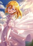  1girl :d dress english_commentary evening hair_between_eyes highres long_hair looking_at_viewer looking_back love_live! love_live!_superstar!! orange_hair outstretched_arms petals ranemu shibuya_kanon short_sleeves sidelighting signature sky smile spread_arms teeth tongue upper_teeth violet_eyes white_dress 