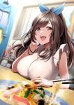  1girl 1other :d absurdres blurry blurry_background blush bra_visible_through_clothes bracelet breast_rest breasts brown_hair chopsticks dutch_angle food frilled_sleeves frills hand_on_own_cheek hand_on_own_face head_rest highres idolmaster idolmaster_shiny_colors indoors jewelry large_breasts light_particles looking_at_viewer open_collar pasta ponytail shirt sleeveless sleeveless_shirt smile solo_focus table tera2001 tsukioka_kogane white_shirt 