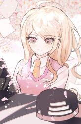  1girl ahoge akamatsu_kaede bad_id bad_twitter_id baseball_cap black_hat blonde_hair breasts cherry_blossoms closed_mouth collared_shirt commentary crest danganronpa_(series) danganronpa_v3:_killing_harmony eyelashes floral_background flower hair_ornament hashtag-only_commentary hat instrument kkonmeo light_blush long_hair long_sleeves looking_at_object music musical_note musical_note_hair_ornament necktie orange_necktie petals pink_flower pink_vest playing_instrument playing_piano sheet_music shirt sidelocks smile solo staff_(music) star_(symbol) star_print unworn_hat unworn_headwear upper_body v-neck vest violet_eyes white_background white_shirt 