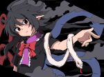  1girl asymmetrical_wings black_background black_dress black_hair blue_wings bow bowtie center_frills clouds commentary_request dress frills head_tilt highres houjuu_nue outstretched_arm pointy_ears red_bow red_bowtie red_eyes red_wings s_mika2000 short_hair short_sleeves snake solo touhou upper_body wings 