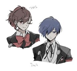 1boy 1girl auburn_hair blue_hair persona_3 persona_3_portable shiomi_kotone yuuki_makoto