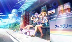  2girls ;d ahoge asada_aoi bandaid bandaid_on_arm bandaid_on_knee bandaid_on_leg black_hat blonde_hair blue_footwear bottle brown_eyes cinderella_series clouds cumulonimbus_cloud drinking film_grain full_body gakuseibou game_cg geta grey_skirt hachigatsu_no_cinderella_nine hat highres holding holding_bottle iwaki_yoshimi light_particles light_rays long_hair multiple_girls necktie non-web_source official_art on_bench one_eye_closed open_mouth outdoors plaid_clothes plaid_skirt pleated_skirt power_lines purple_hair ramune red_necktie sailor_collar school_uniform serafuku shirt short_sleeves sitting skirt sky smile sunbeam sunlight sweat teeth upper_teeth_only utility_pole vending_machine white_bag white_sailor_collar white_shirt 