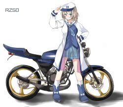  1girl blue_eyes blue_footwear blue_necktie blue_shirt blue_skirt blush boots breasts coat commentary_request full_body grin hat highres houkai_(collapse_illust) light_brown_hair long_sleeves looking_at_viewer love_live! love_live!_sunshine!! medium_breasts motor_vehicle motorcycle necktie open_clothes open_coat plaid_clothes plaid_necktie sailor_hat salute shirt simple_background skirt smile socks solo standing watanabe_you white_background white_coat white_hat white_socks yamaha yamaha_rz250 