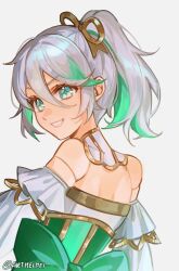  1girl absurdres alternate_hairstyle cecilia_immergreen colored_skin detached_collar detached_sleeves dress from_behind green_eyes green_hair grey_hair highres hololive hololive_english mel_mei ponytail smile strapless strapless_dress twitter_username virtual_youtuber 