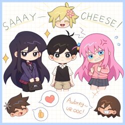  +++ 2girls 4boys ^_^ anger_vein angry antenna_hair arms_at_sides aubrey_(faraway)_(omori) aubrey_(omori) bag basil_(faraway)_(omori) basil_(omori) black_eyes black_hair black_pantyhose black_sweater_vest blonde_hair blue_border blue_eyes blush bocchi_the_rock! border bright_pupils brother_and_sister brothers brown_bag brown_hair brown_shorts chibi chibi_only clenched_hands clenched_teeth closed_eyes closed_mouth collared_shirt colored_eyelashes commentary cosplay cropped_legs cube_hair_ornament diagonal-striped_clothes diagonal-striped_skirt english_commentary english_text flower flying_sweatdrops gotoh_hitori gotoh_hitori_(cosplay) grey_skirt grid_background grin hair_behind_ear hair_between_eyes hair_flower hair_ornament heart hero_(faraway)_(omori) hero_(omori) highres holding holding_bag jacket kel_(faraway)_(omori) kel_(omori) komi-san_wa_komyushou_desu komi_shouko komi_shouko_(cosplay) long_hair long_sleeves looking_at_viewer mari_(faraway)_(omori) mari_(omori) miniskirt multiple_boys multiple_girls omori outside_border pantyhose pink_flower pink_track_suit pleated_skirt purple_jacket red_skirt rs_rouqiu shirt short_hair short_sleeves shorts siblings side_ahoge sidelocks simple_background single_sidelock skirt smile sparkle spoken_heart spoken_thumbs_up striped_clothes striped_skirt sunny_(omori) sweater_vest teeth v-shaped_eyebrows v_arms very_long_hair white_background white_pupils white_shirt 