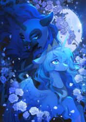  absurdres animal animal_focus armor blue_hair blue_theme chinese_commentary commentary_request crescent crying dark_persona dual_persona flower full_moon helmet highres horns horse jewelry long_hair moon my_little_pony my_little_pony:_friendship_is_magic necklace nightmare_moon no_humans outdoors pony_(animal) princess_luna rose single_horn very_long_hair winged_unicorn wings xieyaner 