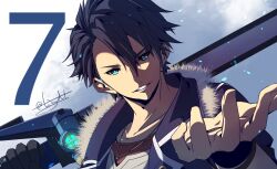  1boy black_hair blue_eyes countdown curtained_hair double-parted_bangs eiyuu_densetsu fur_trim grin hair_between_eyes hair_slicked_back holding holding_weapon jewelry kai_no_kiseki kuro_no_kiseki_(series) male_focus pendant portrait signature smile solo tinybiard twitter_username upper_body van_arkride weapon 