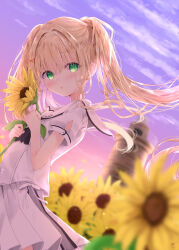  1girl :o ascot backlighting black_ascot blonde_hair blurry blush bright_pupils commentary cowboy_shot depth_of_field eyes_visible_through_hair field floating_hair flower flower_field from_side green_eyes hair_between_eyes hair_intakes hands_up highres holding holding_flower kouda_suzu lighthouse long_hair looking_at_viewer miniskirt open_mouth pleated_skirt puffy_short_sleeves puffy_sleeves purple_sky sailor_collar school_uniform serafuku shirt short_sleeves sidelocks skirt sky solo summer_pockets sunflower sunflower_field sunset tsumugi_wenders tsurime twintails very_long_hair white_sailor_collar white_shirt white_skirt wind 