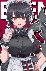  absurdres amahara_subaru belt black_belt black_hair breasts candy collar commentary ellen_joe fins fish_tail food highres lollipop maid nail open_mouth red_eyes red_nails shark_girl shark_tail short_hair simple_background tail zenless_zone_zero 