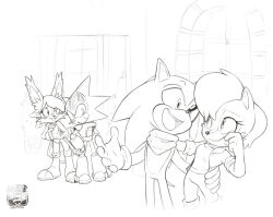  2boys 2girls animal_ears arm_around_waist bandana boots chipmunk_girl commission deebs gloves greyscale hedgehog_boy hetero jacket looking_back monochrome multiple_boys multiple_girls nicole_the_holo-lynx open_mouth robot sally_acorn shard_the_metal_sonic smile sonic_(series) sonic_the_hedgehog tail 