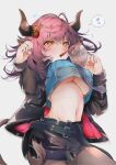  1girl absurdres animal_ears arknights breasts bubble_tea bubble_tea_challenge cow_ears cow_girl cow_horns cow_tail highres horns mirui purple_hair shirt sideroca_(arknights) spoken_sweatdrop sweatdrop tail under_boob 