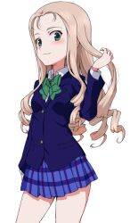  1girl alternate_costume blazer blonde_hair blue_jacket blue_skirt bow bowtie closed_mouth commentary commission cowboy_shot dress_shirt drill_hair english_commentary girls_und_panzer green_bow green_bowtie green_eyes hand_in_own_hair highres jacket kayabakoro long_hair looking_at_viewer love_live! marie_(girls_und_panzer) miniskirt mixed-language_commentary otonokizaka_school_uniform pixiv_commission plaid_clothes plaid_skirt pleated_skirt school_uniform shirt skirt smile solo standing white_shirt wing_collar 