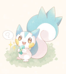  ? animal_focus appyon_(archangel_ayp) brown_eyes commentary_request evolutionary_stone full_body holding looking_at_viewer no_humans open_mouth pachirisu pokemon pokemon_(creature) squirrel standing tail thunder_stone 