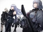  4girls ak-12 ak-12_(girls&#039;_frontline) ak-15 ak-15_(girls&#039;_frontline) ammunition_belt an-94 an-94_(girls&#039;_frontline) aqua_eyes assault_rifle bangs black_cape black_gloves black_pants blonde_hair bodysuit braid breasts cape closed_eyes closed_mouth commentary defy_(girls&#039;_frontline) eyebrows_visible_through_hair feet_out_of_frame girls_frontline gloves grey_hair gun hair_ornament hairclip hand_in_own_hair highres holding holding_gun holding_weapon jacket kalashnikov_rifle large_breasts long_hair looking_away machine_gun mask mask_around_neck medium_breasts megane_jigoku multiple_girls navel pants rifle rpk-16 rpk-16_(girls&#039;_frontline) short_hair shorts standing tactical_clothes violet_eyes weapon white_background white_jacket white_shorts 