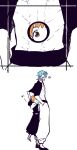  2boys absurdres arrancar bleach blue_hair brown_eyes choko_egg cropped_jacket full_body grimmjow_jaegerjaquez hands_in_pocket highres hole_on_body kurosaki_kazui looking_at_another looking_back male_focus multiple_boys orange_hair pants short_hair standing white_background white_pants 