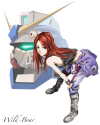  1girl boots christina_mackenzie commentary_request earth_federation_space_forces english_text glowing glowing_eyes gun gundam gundam_0080 gundam_alex highres long_hair looking_at_viewer machine_gun mecha mikimoto_haruhiko_(style) mobile_suit partially_undressed pilot_suit red_eyes robot science_fiction spacesuit squatting tank_top upper_body v-fin weapon white_background wristband 