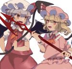  2girls :d ascot blonde_hair blush brooch collared_shirt commentary cosplay costume_switch cowboy_shot fang flandre_scarlet flandre_scarlet_(cosplay) frilled_shirt_collar frills hair_between_eyes hat hat_ribbon holding holding_polearm holding_weapon jewelry laevatein_(touhou) light_blue_hair looking_at_another medium_hair mob_cap multiple_girls neckerchief open_mouth orange_ascot orange_neckerchief pink_eyes pink_headwear pink_shirt pink_skirt polearm puffy_short_sleeves puffy_sleeves red_ribbon red_skirt red_vest remilia_scarlet remilia_scarlet_(cosplay) ribbon shi_chimi shirt short_sleeves siblings simple_background sisters skirt smile spear_the_gungnir tongue touhou v-shaped_eyebrows vest weapon white_background white_headwear white_shirt wrist_cuffs 