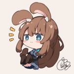  1girl amiya_(arknights) animal_ear_fluff animal_ears arknights bangs beni_shake black_jacket blue_eyes blue_skirt blush brown_background brown_hair brown_legwear chibi closed_mouth commentary crossed_arms eyebrows_visible_through_hair full_body hair_between_eyes jacket long_hair long_sleeves no_shoes notice_lines open_clothes open_jacket pleated_skirt ponytail rabbit_ears signature simple_background skirt smile solo thigh-highs very_long_hair 