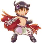  1boy belt black_pants brown_belt brown_eyes brown_hair cape child clenched_hand commentary_request facial_mark fake_horns fangs full_body green_pants helmet highres horned_helmet horns legs_apart looking_at_viewer made_in_abyss male_focus mechanical_arms mechanical_legs multicolored_pants navel nina_(maurururoa) nipples open_mouth outstretched_hand pants pants_tucked_in patchwork_clothes purple_pants red_cape regu_(made_in_abyss) short_hair simple_background slit_pupils solo standing teeth thick_eyebrows topless_male torn_cape torn_clothes upper_teeth v-shaped_eyebrows white_background white_pants 