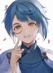  1boy asymmetrical_hair blue_hair chinese_clothes finger_to_cheek gem genshin_impact highres looking_at_viewer male_focus monocle official_alternate_costume petals potetwo_2 short_hair smile white_background xingqiu_(genshin_impact) yellow_eyes 