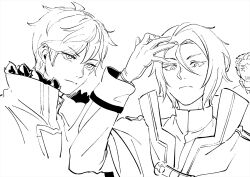  3boys closed_mouth collared_shirt formal gloves hand_on_forehead hand_to_forehead highres iwamushi julius_juukulius long_sleeves looking_at_viewer male_focus monochrome multiple_boys natsuki_subaru open_mouth re:zero_kara_hajimeru_isekai_seikatsu reinhard_van_astrea shirt short_hair simple_background sketch white_background 