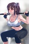  1girl armpits arms_up bangs barbell bare_arms bare_shoulders black_gloves blurry blurry_background blush breasts capri_pants collarbone commentary_request exercise eyebrows_visible_through_hair feet_out_of_frame fingerless_gloves fingernails glint gloves gym hair_ornament hair_scrunchie heavy_breathing highres igarashi_kyouhei kazuno_sarah love_live! love_live!_sunshine!! medium_breasts midriff navel open_mouth pants purple_hair scrunchie side_ponytail sidelocks simple_background solo sports_bra sportswear stomach sweat tight tight_pants toned twintails violet_eyes weight weightlifting workout_clothes yoga_pants 