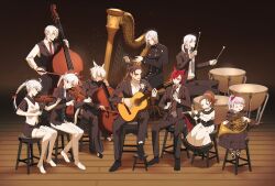  4girls 6+boys adventurer_(ff14) alisaie_leveilleur alphinaud_leveilleur animal_ears boots brother_and_sister brown_hair cat_ears cat_tail cello corsage dress drum drumsticks elezen elf estinien_varlineau final_fantasy final_fantasy_xiv flute footstool formal french_horn g'raha_tia grey_hair guitar harp highres holding holding_drumsticks holding_flute holding_instrument instrument korean_commentary krile_baldesion_(ff14) lalafell miqo'te multiple_boys multiple_girls music on_stool playing_flute playing_instrument pointy_ears ponytail purple_hair redhead short_shorts shorts shrimp_sandwich siblings sitting stool suit tail tataru_taru thancred_waters thigh_boots twins urianger_augurelt viola_(instrument) violin warrior_of_light_(ff14) white_hair y'shtola_rhul 