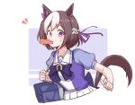  1girl animal_ears azu_ankoowl bag bow bowtie brown_hair carrot food_in_mouth hair_bow highres horse_ears horse_tail looking_at_viewer purple_background purple_bow purple_bowtie purple_shirt school_uniform shirt short_hair shoulder_bag skirt solo special_week_(umamusume) tail two-tone_background umamusume violet_eyes white_background white_skirt 