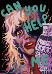  1girl black_background bleeding blonde_hair blood blood_drop close-up colored_skin crying english_commentary english_text film_grain green_pupils highres horror_(theme) limited_palette lipstick looking_at_viewer makeup medium_hair messy_hair open_mouth plant portrait purple_skin quezify red_eyes red_lips simple_background solo strange_darling the_lady_(strange_darling) thorns vase 