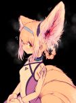  1girl ? absurdres animal_ear_fluff animal_ears arknights bangs bare_shoulders black_background blonde_hair blue_hairband blue_nails blush braid breasts closed_mouth collar commentary covered_collarbone covered_navel dress ear_focus english_commentary extra_ears fox_ears fox_girl fox_tail from_side hair_rings hairband headgear highres hitobashira_(1746164306) kyuubi looking_at_viewer multicolored_clothes multicolored_dress multicolored_hair multiple_tails nail_polish own_hands_together shiny shiny_hair short_hair sidelocks simple_background sitting sleeveless sleeveless_dress small_breasts solo steam steaming_body suzuran_(arknights) sweat tail two-tone_hair upper_body white_hair yellow_eyes 