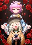 2girls :d :| black_hairband black_headwear blouse blue_shirt blush buttons closed_eyes closed_mouth commentary cover cover_page diamond_button flower frilled_shirt_collar frilled_sleeves frills hair_ornament hairband hat hat_ribbon head_tilt heart heart_button heart_hair_ornament heart_of_string highres holding jitome komeiji_koishi komeiji_satori light_green_hair long_hair long_sleeves looking_at_viewer multiple_girls open_mouth petals pink_eyes pink_hair red_flower red_rose ribbon ribbon_trim rose rose_petals shirt short_hair siblings sisters sleeves_past_wrists smile suna_(s73d) textless third_eye touhou wavy_hair wide_sleeves yellow_ribbon yellow_shirt 